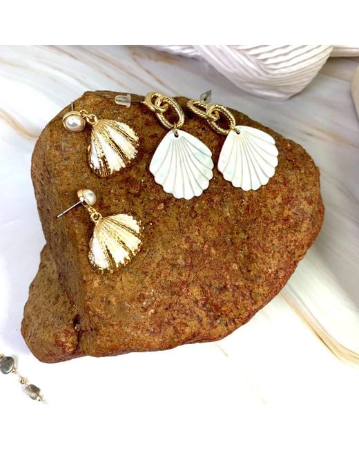 Farra White Natural Shell Chain Earrings