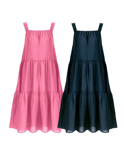 Zenzee Pink Cotton Linen Gathered Strap Tiered Dress