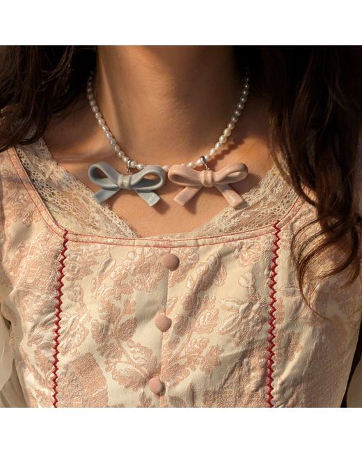 H2 Studio Blue Bowtie Maniac Medium Ribbon Bowtie Round Freshwater Pearl Necklaces Rock