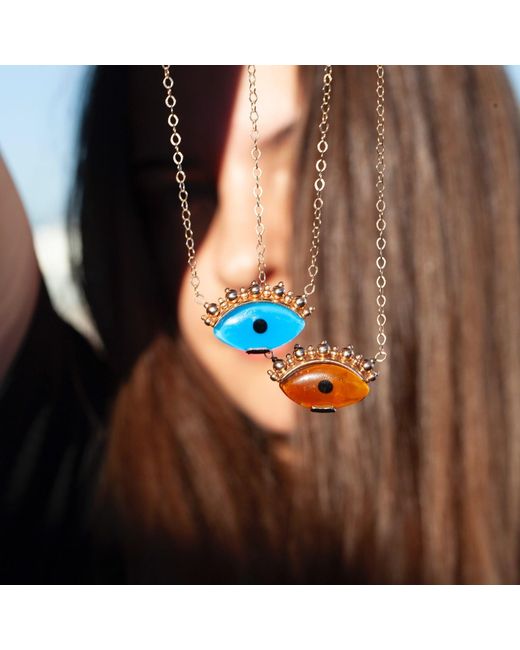 Ecce | Artisan Diamonds Blue 14K Solid Eye See You With Ball Eyelash Necklace