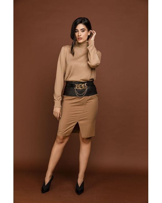 Conquista Brown Camel Striped Pencil Skirt By Si Fashion