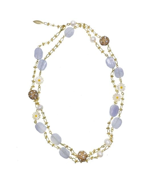 Farra Blue Lace Agate With Sunflower Shell & Rhinestones Multi-Way Chain Necklace