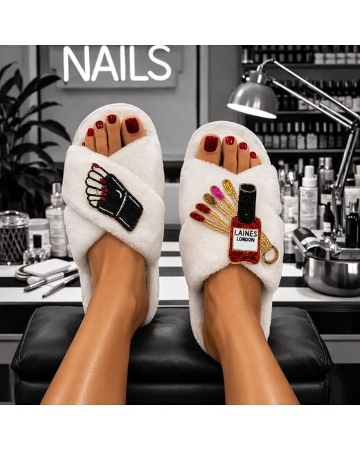 Laines London White Neutrals Classic Laines Slippers With Sand Nail Tech Brooches