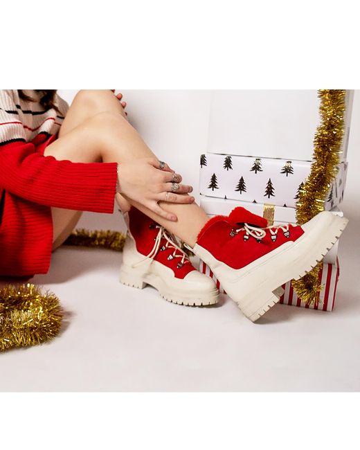 Beautiisoles by Robyn Shreiber Made in Italy Red Francy Leather & Faux Fur Comfortable Ankle Hiking Valentine Bootie