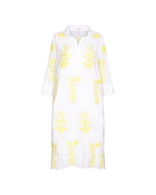 NoLoGo-chic Yellow Long Tourist Dress With Lime Embroidery Cotton