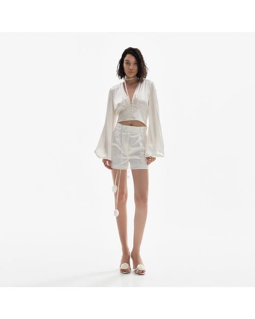 Lita Couture White Ample-Sleeve Satin Top