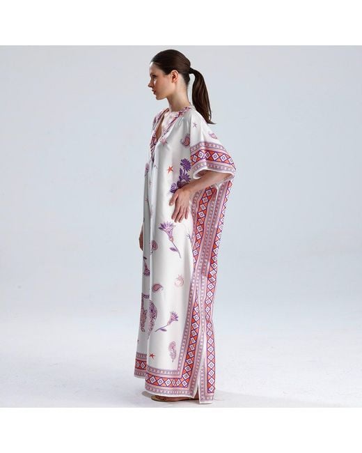 LOVEIST STORE Purple Morrocco Statement Print Silky Satin Kaftan Dress