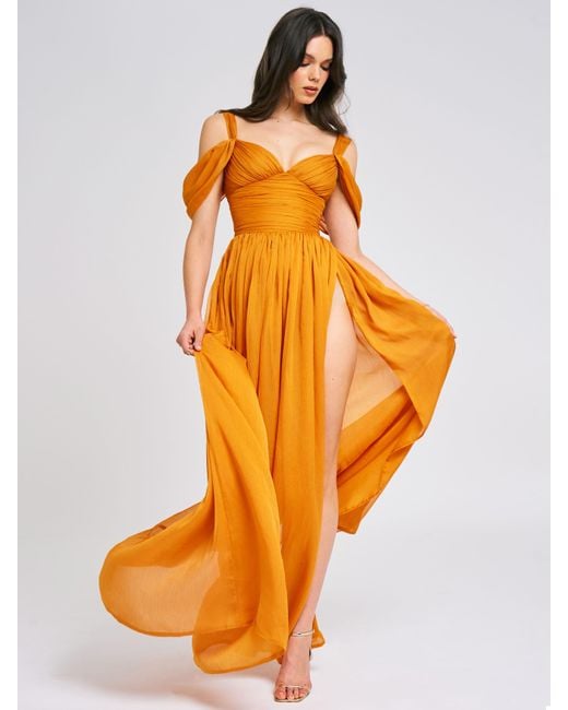 Miss Circle New York Orange Jelani Layered Mesh High-Slit Drape Maxi Dress