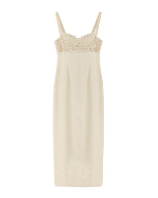 Nocturne White Neutrals Ecru Linen Brode Detailed Sweetheart Maxi Dress