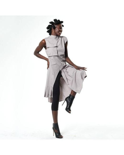 Metamorph Gray Sleeveless Pleated Tunic With Front Pocket