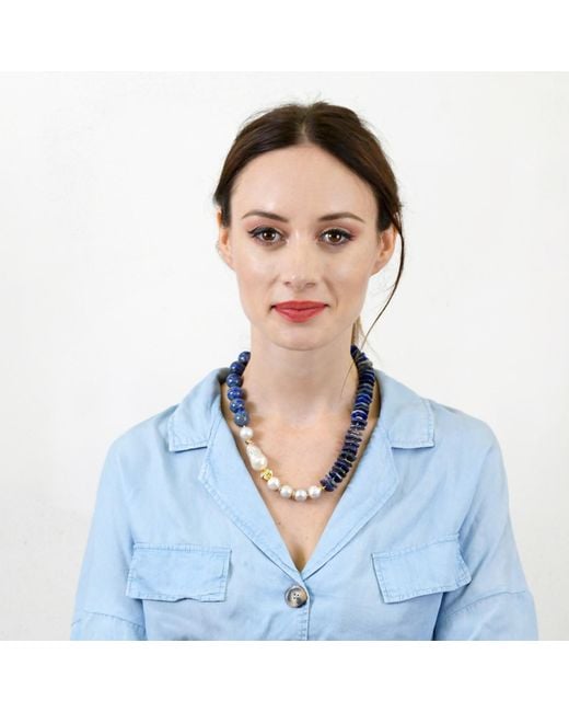 Farra Blue Lapis Lazuli With Baroque & Freshwater Pearls Short Necklace