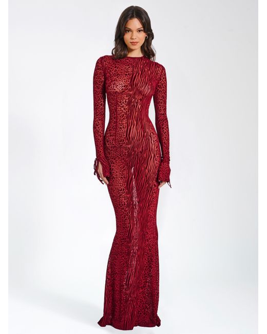 Miss Circle New York Red Waylynn Burnout Velvet Detail Mesh Backless Maxi Dress
