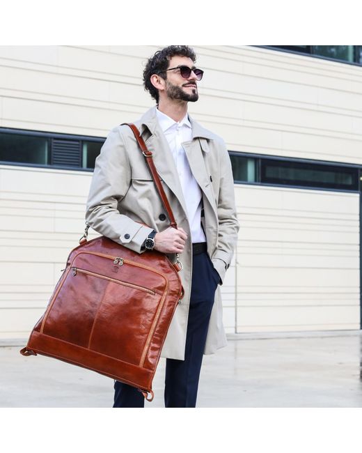 Time Resistance Brown Cognac Leather Garment Bag for men