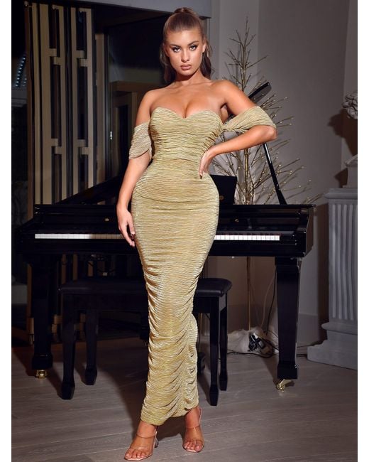 Miss Circle New York Metallic Gene Ruched Off Shoulder Chiffon Dress
