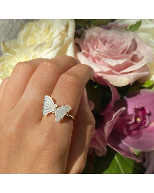 KAMARIA White Pearl Butterfly Ring With Diamonds