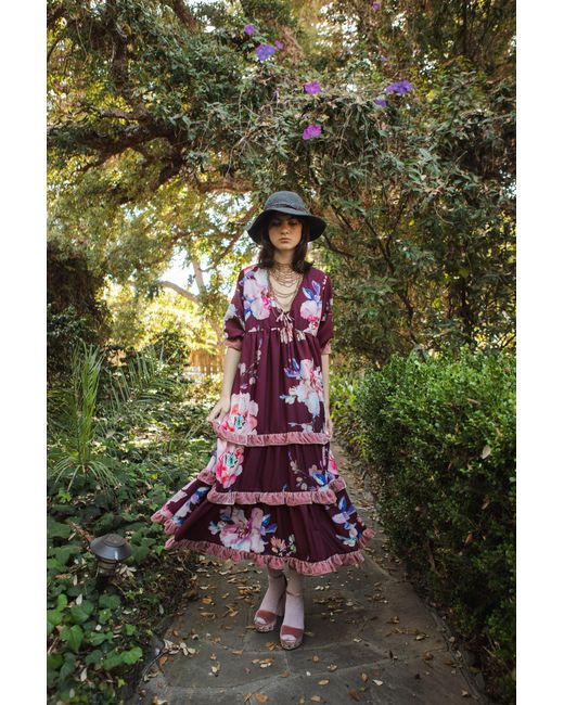 Jennafer Grace Red Plum Rose Velvet Ruffle Maxi Dress
