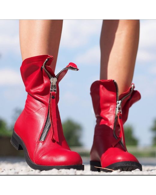 Adrenaline Fashion Red Leather Ankle Boots With Front Zipper Handmade Designer Flat Sole Footwear