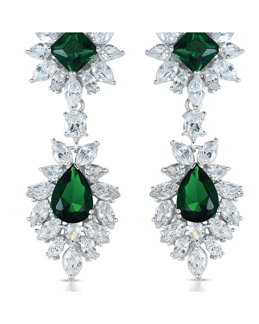 Genevive Jewelry Green Sterling Silver Two Emerald Cubic Zirconia Dangling Earrings