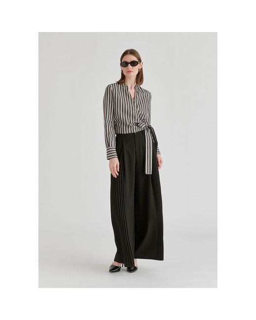 Paisie Gray Split Collarless Wrap Top With Side-Tie Waist