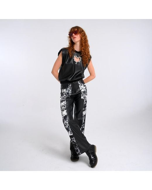 Lalipop Design Black Wide-Leg Vegan Leather Pants Panelled With Abstract Print