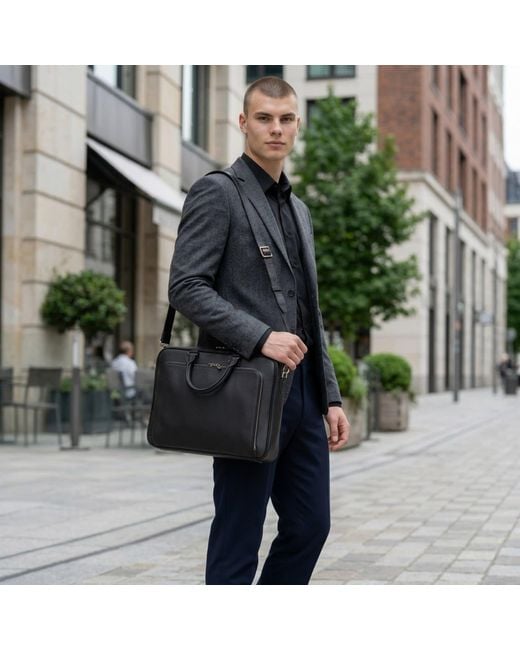 Luis Steven Black Briefcase- Pebble Leather for men