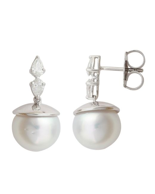 Artisan Rose Cut Diamond & Pearl In 18k White Gold With Silver Drop Dangle Earrings