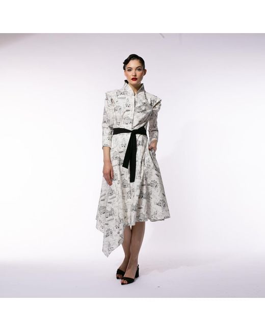 Larisa Dragna Gray Kimono-Collar Dress Featuring Romania's Iconic Buildings