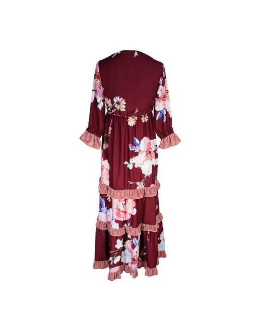 Jennafer Grace Red Plum Rose Velvet Ruffle Maxi Dress