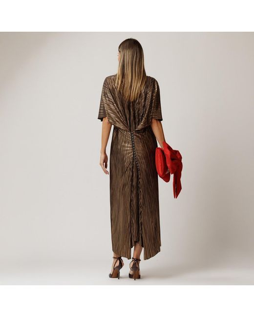 concept A trois Brown Golden Plisse Midi Dress With Closure With Staples