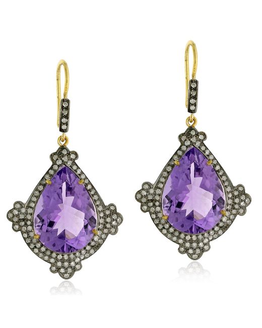 Artisan Purple Teardrop Amethyst & Pave Diamond In 18k Gold With Silver Dangle Earrings
