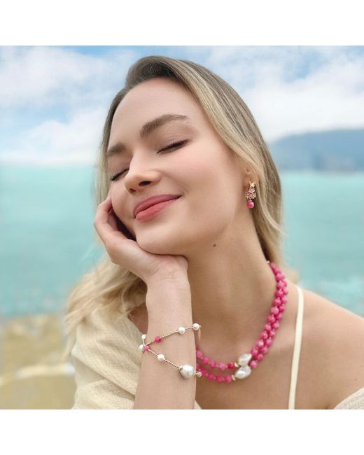 Farra Metallic Baroque Pearls With Gemstones Double Layers Bracelet Choker