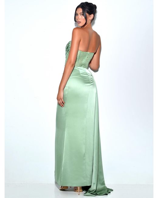 Miss Circle New York Green Holly Basil Crystallized Corset High Slit Satin Gown