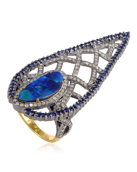 Artisan Blue Long Ring Sapphire Diamond 925 Silver Cocktail Ring 18k Gold Jewelry