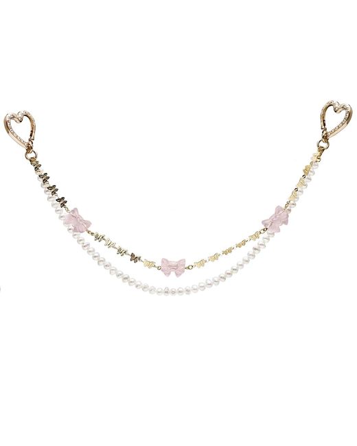 Farra Metallic Rose Quartz Bowknot With Freshwater Pearls Double Layers Bag Charm