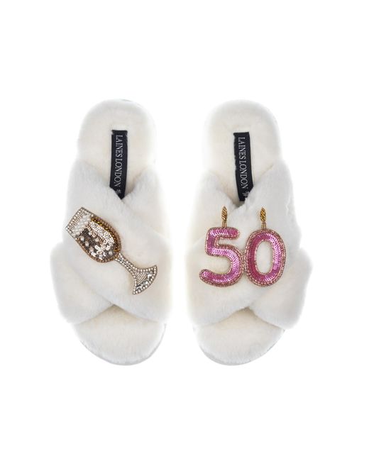 Laines London White Classic Laines Slippers With 50Th Birthday & Champagne Glass Brooches