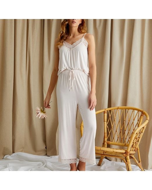 Pretty You London Pink Bamboo Lace Cami Cropped Trouser Pj Set In Powder Puff