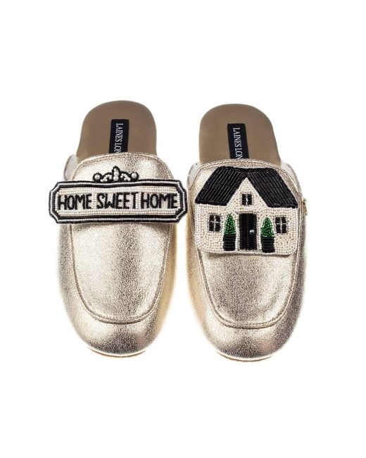 Laines London Metallic Classic Mules With Home Sweet Home Brooches