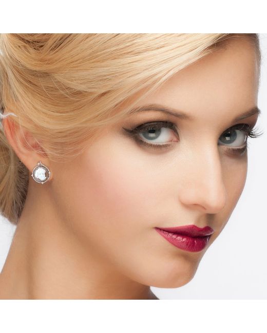 Artisan Metallic Natural Shell Cameo Stud Earrings 18k Rose Gold Diamond Jewelry