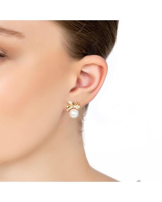 Latelita London Metallic Ribbon Bow Pearl Stud Earrings