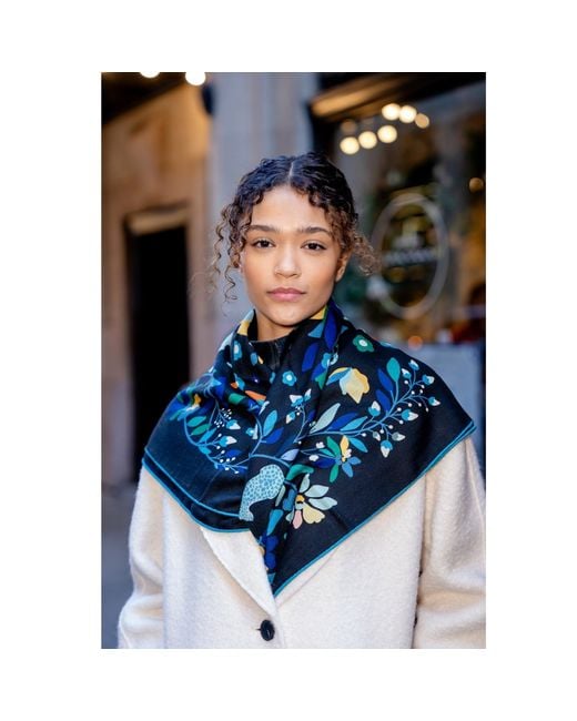Jessie Zhao New York Blue Double Sided Wool Silk Scarf Of Night Jungle Reverie