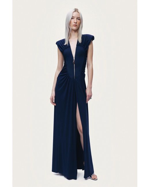 Nocturne Blue Zip-Front Draped Maxi Dress