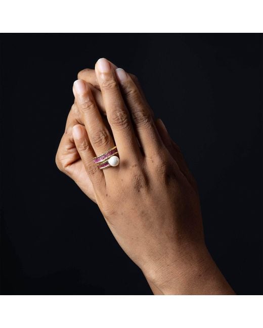 German Kabirski Multicolor Rhea Handmade Ring With Raw Rubies & Cultured Pearl