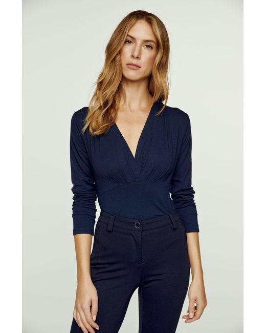 Conquista Blue Long Sleeve Faux Wrap Top