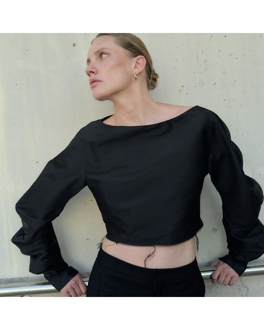Sazha Black Silk Taffeta Cropped Top With Voluminous Sleeves