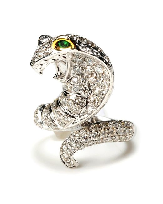 Artisan Metallic Green Eye Wrap Snake Design Natural Diamond In 18k White Gold Cocktail Ring