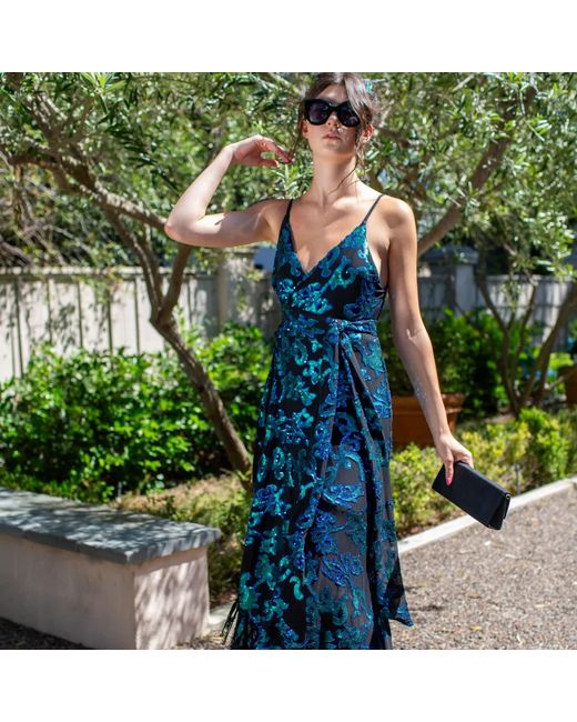 Jennafer Grace Blue Absinthia Fringe Faux Wrap Dress