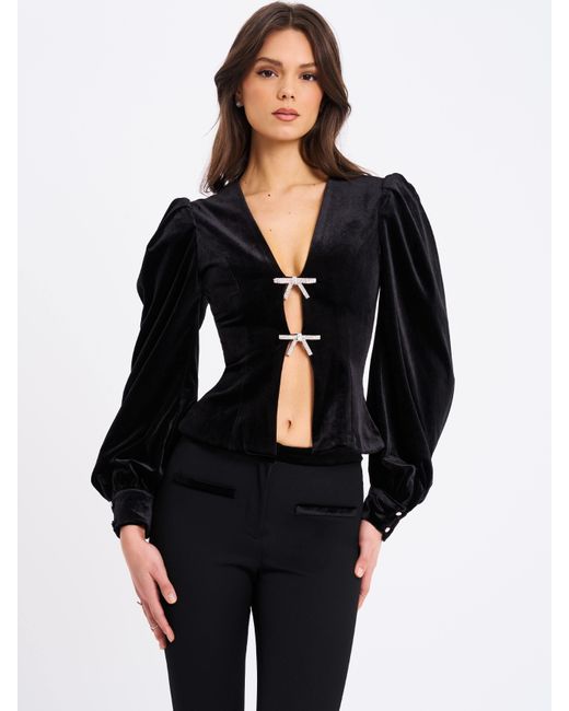 Miss Circle New York Black Krista Velvet Lantern Sleeve Top With Crystal Bow