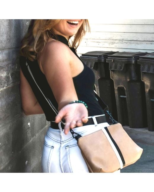 Lynn Tallerico Blue New Nancy Crossbody Bag In Cafe Au Lait Wth Black & Cream Stripes