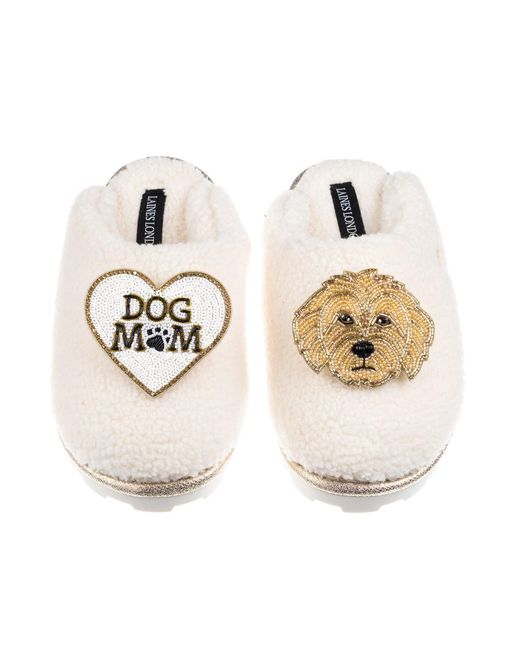 Laines London Metallic Neutrals Teddy Closed Toe Slippers With Dog Mum Mom & Golden Cockapoo Brooches