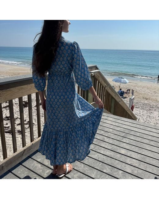 Pick Happy Blue Mermaid Maxi Dress Botanical Azure Handblock Cotton
